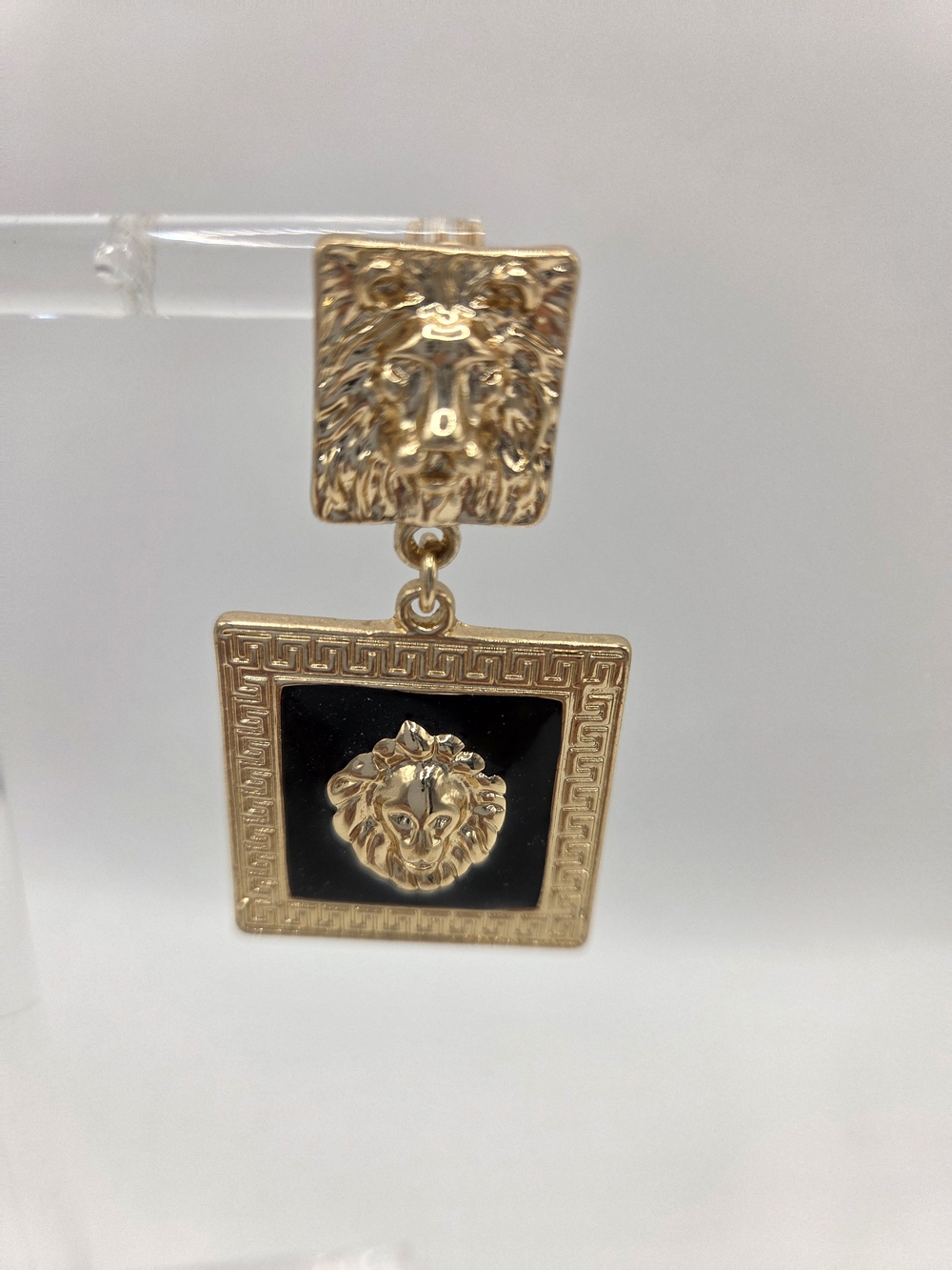 Mikayla Gold Lion Head Post With Dangle Lion Head Set In Black Enamel Earrings - Picture 2 of 9